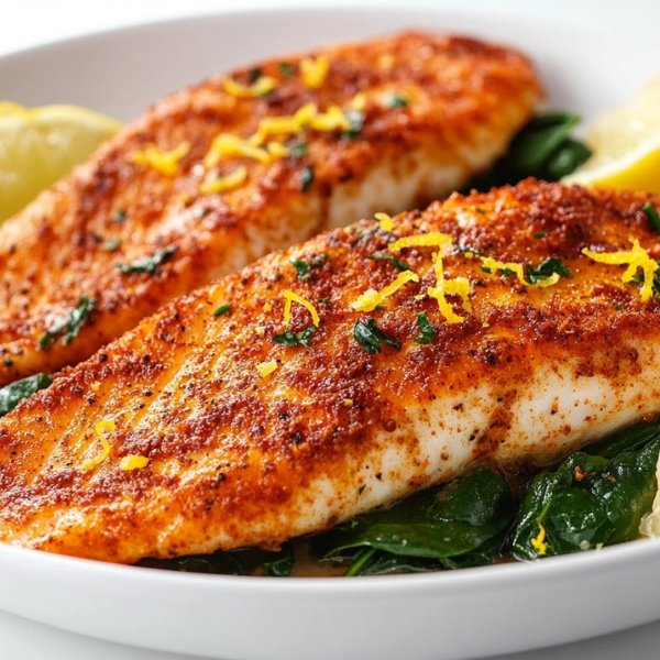 Red Fish in Creamy Sour Cream Sauce with Spinach