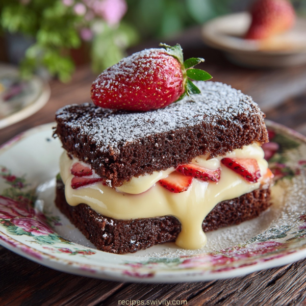 Chocolate Cake with Vanilla Pudding and Strawberries