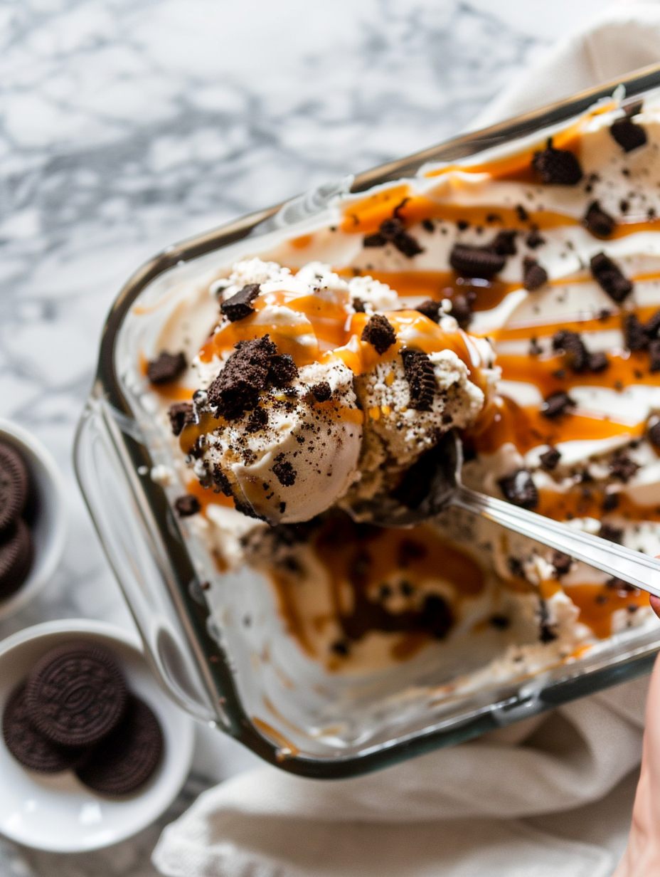 No-Bake Oreo Caramel Ice Cream Cake Recipe - Recipe Image