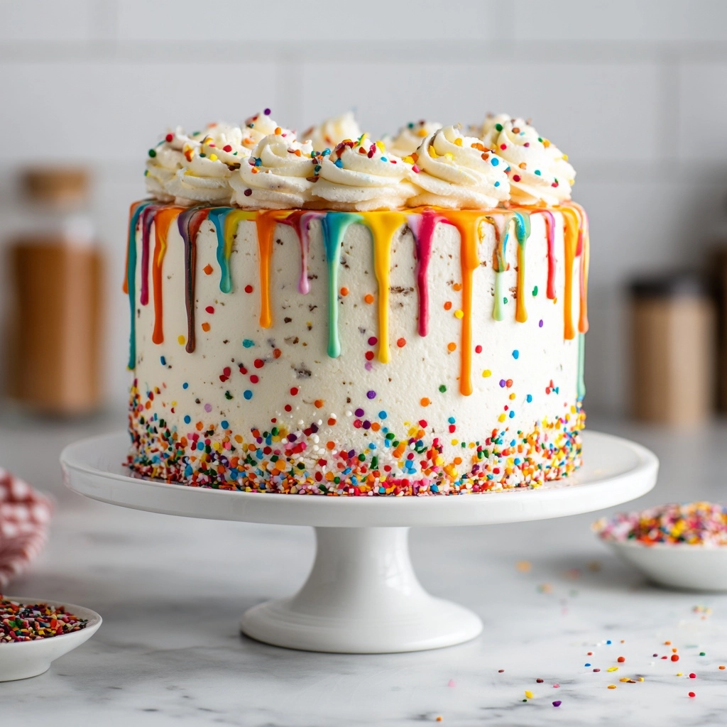 Rainbow Drip Sprinkle Cake Recipe - Recipe Image