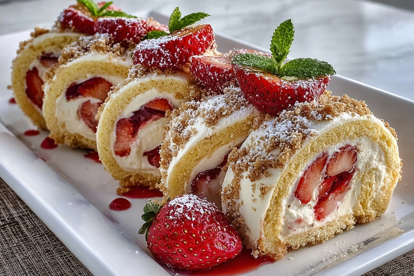 Strawberry Shortcake Cheesecake Dessert Sushi Rolls Recipe - Recipe Image