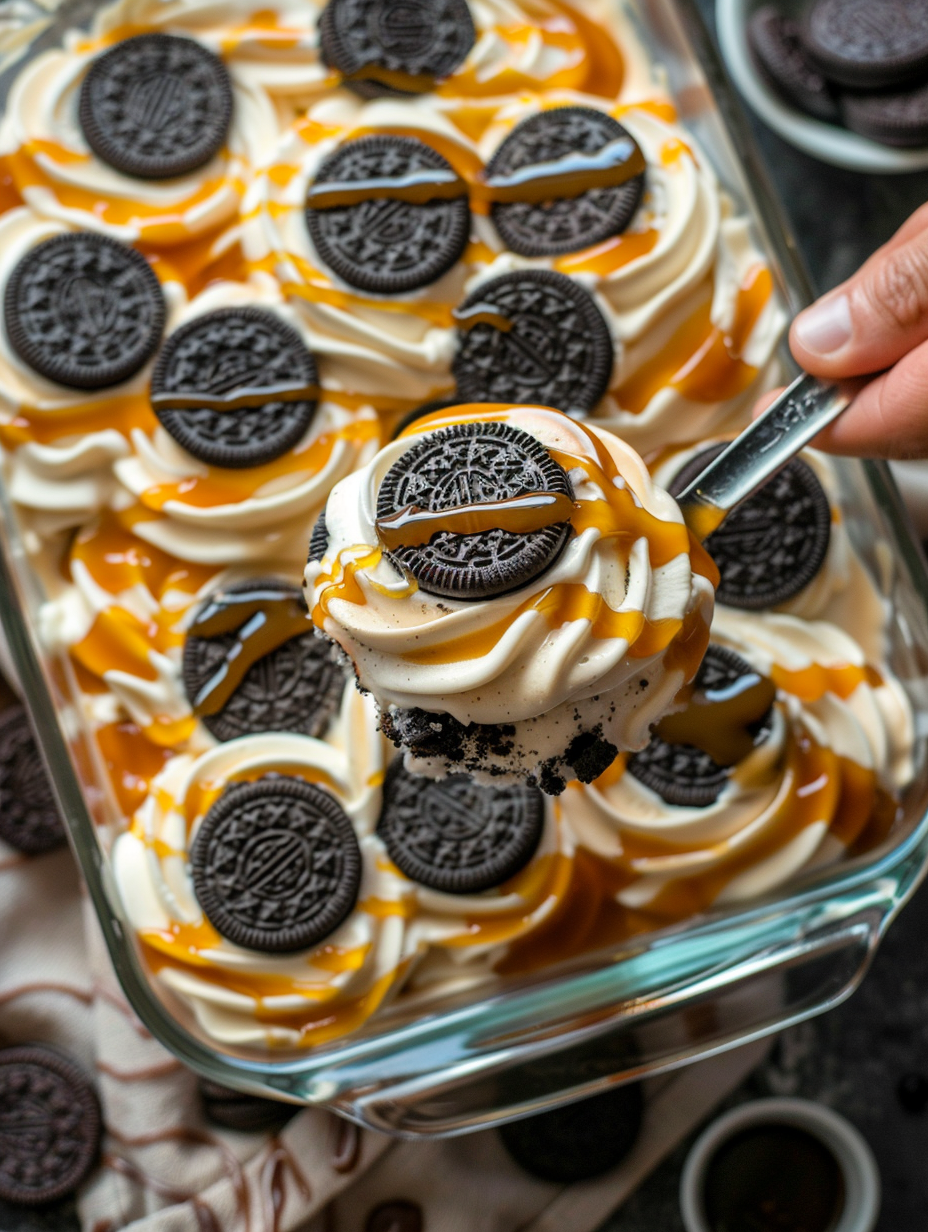 No-Bake Oreo Caramel Ice Cream Cake Recipe - Recipe Image