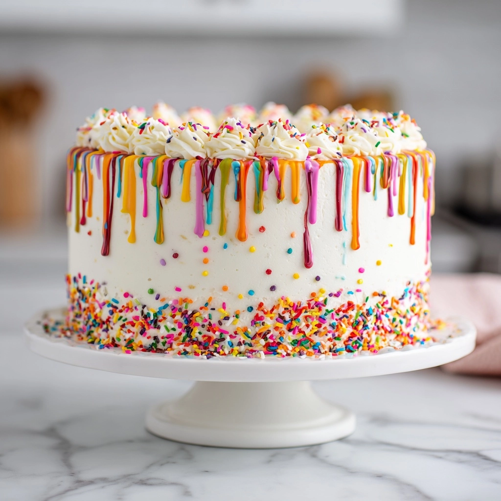 Rainbow Drip Sprinkle Cake Recipe - Recipe Image